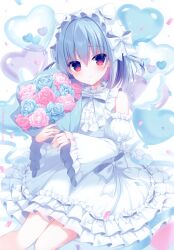 Rule 34 | 1girl, absurdres, amami kurine, balloon, bare shoulders, blue eyes, blue flower, blue hair, blue rose, blush, bouquet, bow, closed mouth, comiket 103, confetti, detached sleeves, detached wings, dress, feet out of frame, flower, frilled dress, frills, haconect, hasune, heart balloon, highres, holding, holding bouquet, juliet sleeves, knees together feet apart, long sleeves, looking at viewer, mini wings, non-web source, pink flower, pink rose, puffy sleeves, red eyes, rose, scan, simple background, sleeveless, sleeveless dress, sleeves past wrists, smile, solo, virtual youtuber, white background, white bow, white dress, white sleeves, white wings, wide sleeves, wings