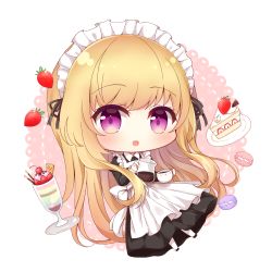 Rule 34 | 1girl, :d, apron, black dress, black footwear, blonde hair, blush, cake, cake slice, chibi, collared dress, commentary request, commission, cup, doily, dress, food, frilled apron, frills, fruit, heart, holding, holding cup, juliet sleeves, long hair, long sleeves, looking at viewer, macaron, maid, maid apron, maid headdress, open mouth, original, pantyhose, parfait, pixiv commission, plate, pocky, puffy sleeves, purple eyes, shoes, smile, solo, strawberry, very long hair, white apron, white background, white pantyhose, yukiyuki 441