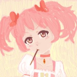 Rule 34 | 1girl, blush, collar, collarbone, commentary, drawfag, dress, english commentary, food, furrowed brow, hair ribbon, head tilt, kaname madoka, looking at viewer, lowres, magical girl, mahou shoujo madoka magica, mouth hold, pink collar, pink eyes, pink hair, pink ribbon, pocky, puffy short sleeves, puffy sleeves, ribbon, short sleeves, short twintails, solo, soul gem, tareme, tegaki, twintails, white dress, yellow background