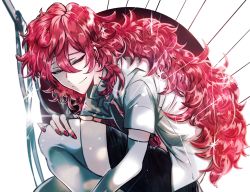 Rule 34 | androgynous, bad id, bad pixiv id, gender request, grin, highres, houseki no kuni, long hair, looking at viewer, open clothes, open shirt, padparadscha (houseki no kuni), red eyes, red hair, shirt, shunnyun, smile, solo, sparkle, thighhighs, wavy hair
