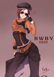 Rule 34 | 1girl, beret, brown eyes, brown hair, coco adel, corset, gloves, gradient background, hat, rwby, scarf, short hair, solo, sunglasses, sweater, zyl