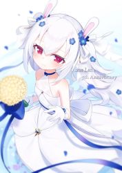 Rule 34 | 1girl, animal ears, anniversary, azur lane, bare shoulders, blue flower, breasts, closed mouth, commentary request, copyright name, dress, fake animal ears, flower, gloves, grey hair, hair between eyes, hair flower, hair ornament, highres, kokone (coconeeeco), laffey (azur lane), long hair, looking at viewer, rabbit ears, sleeveless, sleeveless dress, small breasts, smile, solo, twintails, very long hair, white dress, white gloves, yellow flower