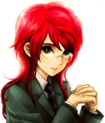 Rule 34 | 1girl, brown eyes, formal, glasses, michi ta (masquerade), necktie, own hands clasped, own hands together, red hair, school uniform, solo