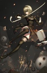 Rule 34 | 1girl, android, black dress, black footwear, black gloves, black hairband, black ribbon, black thighhighs, blindfold, boots, breasts, closed mouth, covered eyes, dress, drone, floating, full body, gloves, groin, hair over eyes, hairband, hands up, highleg, highleg leotard, highres, holding, holding sword, holding weapon, juliet sleeves, katana, knee up, legs apart, leotard, lips, long sleeves, machinery, medium breasts, midair, nier (series), nier:automata, pink lips, pod (nier:automata), puffy sleeves, ribbon, robot, scraps, short dress, short hair, silver hair, solo, sword, tassel, thigh boots, thighhighs, turtleneck, unsheathed, vambraces, weapon, white leotard, 2b (nier:automata), yuepeng xiao