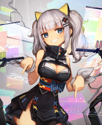 Rule 34 | 1girl, asicah, bare arms, blue eyes, blunt bangs, breasts, character name, cleavage, cleavage cutout, clothing cutout, contrapposto, cowboy shot, dated, dress, english text, grey hair, grin, groin, hair ornament, hairclip, head tilt, kaguya luna, long hair, looking at viewer, medium breasts, no panties, obi, pointing, pointing down, sash, screen, sleeveless, sleeveless dress, smile, solo, standing, the moon studio, twintails, virtual youtuber, wristband