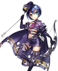 Rule 34 | 1girl, arrow (projectile), bad id, bad pixiv id, belt, blouse, blue eyes, blue hair, bow, cape, commentary request, crop top, elbow gloves, emil chronicle online, gloves, hat, hat tip, holding, holding clothes, holding hat, holes, nakasaki hydra, necktie, pouch, purple shirt, purple thighhighs, shirt, short hair, simple background, skirt, solo, thighhighs, uniform, white background, zipper