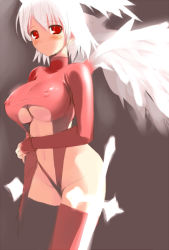 Rule 34 | 1girl, albino, blush, boots, breasts, covered erect nipples, feathers, final fantasy, final fantasy tactics, fingerless gloves, gloves, head wings, hima, huge breasts, large breasts, leotard, nipples, red eyes, red leotard, short hair, solo, thigh boots, thighhighs, ultima (fft), underboob, white hair, wings