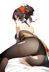 Rule 34 | 1girl, artist request, ass, bare shoulders, black hair, breasts, brown eyes, cameltoe, chiori (genshin impact), detached sleeves, flower, from behind, from below, genshin impact, hair bun, hair flower, hair ornament, highres, japanese clothes, kimono, looking at viewer, looking back, looking down, medium breasts, panties, panties under pantyhose, pantyhose, short kimono, sideboob, solo, torn clothes, torn pantyhose, underwear