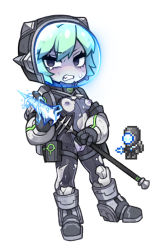 Rule 34 | 1girl, alien, aqua hair, black eyes, black footwear, black gloves, bodysuit, boots, breasts, cleft of venus, colored skin, creature and personification, energy weapon, full body, gigazapper, gloves, grey skin, helmet, holding, holding polearm, holding weapon, knee boots, no nose, nyong nyong, personification, polearm, reference inset, short hair, simple background, small breasts, solo, space helmet, spear, standing, terraria, torn bodysuit, torn clothes, uncensored, weapon, white background