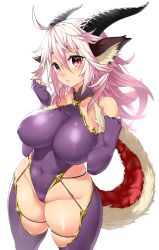 Rule 34 | 1girl, absurdres, blush, breasts, choker, covered erect nipples, covered navel, cowboy shot, curvy, dragon girl, dragon horns, dragon tail, elbow gloves, fingerless gloves, gloves, gold trim, groin, highres, horns, large breasts, leotard, light purple hair, long hair, looking at viewer, monster girl, onsoku inu, original, plump, purple eyes, scales, simple background, skindentation, slit pupils, smile, solo, standing, string, tail, thick thighs, thighhighs, thighs, white background