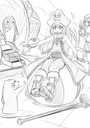 Rule 34 | 1girl, 2girls, ankle boots, balancing, ball, beachball, boots, brush, character request, dolphin, fingerless gloves, flat chest, gloves, greyscale, guilty gear, hat, long hair, may (guilty gear), monochrome, multiple girls, pirate, pirate hat, poncocchan, skull and crossbones, solo focus