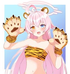 Rule 34 | 1girl, :d, ahoge, animal costume, animal ears, animal hands, animal print, blue archive, blue background, blue eyes, border, breasts, chinese zodiac, fake animal ears, fang, gloves, gradient background, hair between eyes, halo, hands up, highres, hoshino (blue archive), long hair, looking at viewer, midriff, open mouth, orange eyes, paw gloves, pink hair, sanz zzz, skin fang, small breasts, smile, solo, sweatdrop, tiger costume, tiger ears, tiger paws, tiger print, upper body, year of the tiger