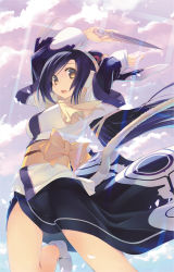Rule 34 | 10s, 1girl, amazuyu tatsuki, animal ears, arm up, arms up, blue hair, boots, breasts, brown eyes, cat ears, cat tail, cherry blossoms, dagger, hair ornament, highres, japanese clothes, knife, kuon (utawarerumono), looking at viewer, medium breasts, non-web source, obi, open mouth, outdoors, petals, sash, scarf, side slit, solo, sunlight, tail, utawarerumono, utawarerumono: itsuwari no kamen, weapon, wide sleeves