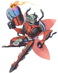Rule 34 | 1boy, absurdres, antennae, bad id, bad twitter id, beast wars, beast wars: transformers, chibi, fire, gun, highres, holding, holding gun, holding weapon, inferno (beast wars), inferno (transformers), insect wings, looking to the side, mecha, no humans, predacon, red eyes, robot, santaharabum, science fiction, sharp teeth, smile, solo, teeth, transformers, weapon, white background, wings