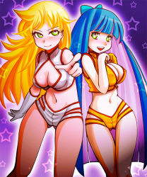 Rule 34 | 2girls, blonde hair, blue hair, bow, breasts, cleavage, cleavage cutout, clothing cutout, cosplay, crossover, dirty pair, gloves, gluteal fold, green eyes, hair bow, kei (dirty pair), kei (dirty pair) (cosplay), long hair, midriff, multicolored hair, multiple girls, navel, open mouth, panty &amp; stocking with garterbelt, panty (psg), pointing, purple hair, shorts, siblings, sisters, smile, star (symbol), stocking (psg), two-tone hair, very long hair, yuri (dirty pair), yuri (dirty pair) (cosplay)