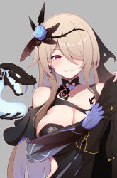 Rule 34 | 1girl, absurdres, bare shoulders, black veil, blue flower, blue gloves, blue rose, blush, breasts, cleavage, clothing cutout, commentary request, detached collar, earrings, flower, gloves, hair flower, hair ornament, hair over one eye, half-closed eyes, heart, heart-shaped pupils, highres, honkai (series), honkai impact 3rd, jewelry, kana (ky4696), large breasts, long hair, mole, mole under eye, red eyes, rita rossweisse, rita rossweisse (fallen rosemary), rose, side cutout, smile, snake, solo focus, symbol-shaped pupils, upper body, veil, very long hair