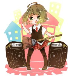 Rule 34 | 1girl, ahoge, artist name, bad id, bad pixiv id, blouse, blush, broom guitar, building, eyelashes, green eyes, green hair, gumi, heart, instrument, necktie, open mouth, pale skin, pantyhose, pigeon-toed, setsuna trip (vocaloid), shirt, short hair, signature, simple background, skirt, smile, solo, speaker, standing, star (symbol), unconventional guitar, vocaloid, white shirt, yuuo0