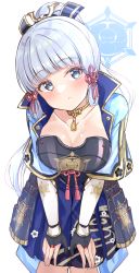 Rule 34 | 1girl, ayaka (genshin impact), blue eyes, blue hair, blush, breasts, bridal gauntlets, cleavage, closed mouth, collarbone, genshin impact, hair ribbon, highres, long sleeves, looking at viewer, medium breasts, mole, mole under eye, pink ribbon, ribbon, shiitake taishi, simple background, solo, white background