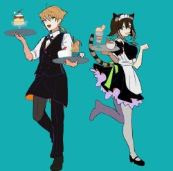 Rule 34 | 1boy, 1girl, :d, alternate costume, animal ear fluff, animal ears, apron, black dress, black footwear, black pants, black vest, blue background, bow, breasts, brown eyes, brown hair, cat ears, cat girl, cat tail, collared shirt, cup, dress, drinking glass, drinking straw, enmaided, fang, food, food in mouth, fumino tamaki, fushimi gaku, green bow, green eyes, grey pantyhose, hair between eyes, hands up, holding, holding tray, maid, maid headdress, medium breasts, mole, mole under eye, mouth hold, multicolored hair, nijisanji, open mouth, pants, pantyhose, parfait, paw pose, pleated dress, pudding, puffy short sleeves, puffy sleeves, shirt, shoes, short sleeves, simple background, smile, standing, standing on one leg, striped tail, tail, tail raised, tray, tsumetsume zerii, two-tone hair, vest, virtual youtuber, white apron, white shirt