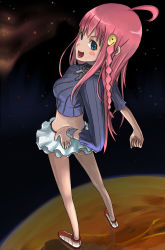 Rule 34 | 00s, 1girl, ahoge, blue eyes, blush stickers, braid, breasts, face, hand on own hip, long hair, nono (top wo nerae 2!), pink hair, planet, skirt, solo, space, tea (nakenashi), top wo nerae 2!