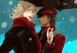 Rule 34 | 10s, 2boys, black hair, blonde hair, cabbie hat, coat, dark-skinned male, dark persona, dark skin, earrings, ebitetsu, facial hair, formal, glasses, hat, highres, jewelry, male focus, multiple boys, nail polish, necktie, ouroboros, ourobunny, red eyes, red scarf, scarf, short hair, stubble, suit, tattoo, tiger &amp; bunny, umbrella, vest, waistcoat, wirttian