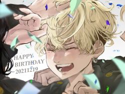 Rule 34 | 1boy, :d, ^ ^, bad id, bad pixiv id, black hair, black jacket, blonde hair, closed eyes, confetti, dated, earrings, hand on another&#039;s head, hands up, happy birthday, highres, jacket, jewelry, long sleeves, matsuno chifuyu, mumei (329aki), open mouth, portrait, short hair, simple background, single earring, smile, solo focus, tokyo revengers, undercut, white background