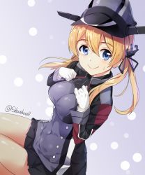 Rule 34 | 10s, 1girl, bad id, bad pixiv id, blonde hair, blue eyes, breasts, female focus, gloves, hat, kantai collection, large breasts, long hair, peaked cap, prinz eugen (kancolle), shovelwall, shovelwell, smile, solo, twintails, twitter username