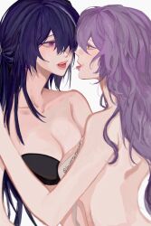Rule 34 | 2girls, bandeau, bare arms, bare shoulders, black swan (honkai: star rail), breasts, buttertoaxt, cleavage, commentary, grey hair, highres, honkai: star rail, honkai (series), medium breasts, multicolored hair, multiple girls, open mouth, purple eyes, purple hair, saliva, saliva trail, simple background, strapless, streaked hair, tongue, tongue out, upper body, white background, yuri