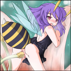 Rule 34 | 1girl, anus, arthropod girl, artist request, back, bare shoulders, bee, bee girl, bent over, bug, dress, flower, from behind, insect, insect girl, lowres, monster girl, pollination, purple eyes, purple hair, pussy, pussy juice, tears, tentacle sex, tentacles, trembling, uncensored, vaginal, wings