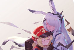Rule 34 | 2girls, 3:, absurdres, ahoge, animal ears, arknights, backpack, bag, brown gloves, brown scarf, cabbie hat, closed eyes, clover print, coat, commentary request, crossover, crying, fanfanfanlove, frostnova (arknights), genshin impact, gloves, hair between eyes, hair ornament, hairclip, hat, hat feather, hat ornament, highres, hug, klee (genshin impact), light brown hair, long hair, long sleeves, low twintails, multiple girls, parted lips, pointy ears, rabbit ears, randoseru, red coat, red headwear, sad, scarf, sidelocks, simple background, streaming tears, tears, twintails, white background, white hair