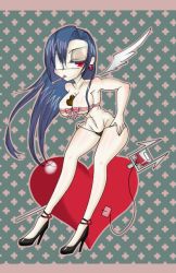 Rule 34 | 1girl, between breasts, blue hair, breasts, candy, chocolate, chocolate heart, eyepatch, food, half-closed eyes, heart, high heels, long hair, looking at viewer, name connection, red eyes, ribbon, skullgirls, standing, thermometer, thong, underwear, valentine, valentine (skullgirls), wings