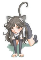 Rule 34 | 10s, 1girl, all fours, animal ears, arashio (kancolle), arm warmers, bike shorts, black socks, brown eyes, brown hair, cat ears, cat tail, fang, highres, kantai collection, kemonomimi mode, kneehighs, long hair, looking at viewer, open mouth, pleated skirt, school uniform, shirt, short sleeves, skirt, smile, socks, solo, suspenders, t2r, tail, white shirt