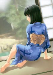 Rule 34 | 1girl, barefoot, black hair, blue eyes, feet, japanese clothes, kimi kiss, kimono, shijou mitsuki, sitting, soles, solo, tanaka shoutarou