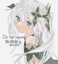 Rule 34 | 1girl, armband, cape, closed mouth, detached sleeves, dress, flower, genshin impact, gold trim, green eyes, green flower, green hair, green sleeves, hair flower, hair ornament, highres, looking at viewer, multicolored hair, nahida (genshin impact), pointy ears, short sleeves, side ponytail, sidelocks, simple background, solo, star-shaped pupils, star (symbol), streaked hair, symbol-shaped pupils, upper body, white background, white dress, white hair, yayoripain