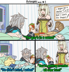 Rule 34 | 1girl, 2boys, arknights, bare shoulders, beard, black jacket, breasts, brown footwear, cardiogram, cleavage, commentary, criss-cross halter, crocs, doctor (arknights), dress, english commentary, facial hair, food, french fries, green dress, green eyes, grey hair, grey jacket, guin guin, halterneck, holding, holding food, hood, hood down, hooded jacket, indoors, jacket, kal&#039;tsit (arknights), long sleeves, medium breasts, multiple boys, mustache, off-shoulder jacket, off shoulder, photo-referenced, sandwich, standing, subtitled, v-shaped eyebrows