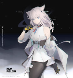 Rule 34 | 1girl, absurdres, animal ears, arknights, arknights: endfield, bare shoulders, black background, black gloves, black pantyhose, blue eyes, breasts, closed mouth, commentary, dress, english commentary, gloves, grey hair, hair between eyes, hair ornament, heart, heart hair ornament, highres, jacket, khrnnfz, long sleeves, looking at viewer, medium breasts, open clothes, open jacket, pantyhose, perlica (arknights), puffy long sleeves, puffy sleeves, sleeveless, sleeveless dress, solo, white dress, white jacket