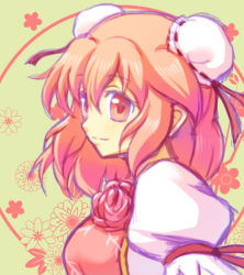 1girl chinese_clothes double_bun bad_tag female_focus flower ibaraki_kasen pink_eyes pink_hair puffy_sleeves qontamblue rose short_hair short_sleeves smile solo touhou