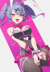 Rule 34 | 1girl, animal ears, black leotard, black ribbon, blue eyes, blue hair, blush, bow, bowtie, breasts, cuffs, detached collar, dutch angle, fake animal ears, fishnet pantyhose, fishnets, hair ornament, hair ribbon, hairclip, handcuffs, hashtag-only commentary, hatsune miku, heart, heart-shaped pupils, highres, leotard, looking at viewer, medium breasts, medium hair, open mouth, pantyhose, playboy bunny, rabbit ears, rabbit hole (vocaloid), red bow, reulem, ribbon, solo, symbol-shaped pupils, teardrop facial mark, teeth, tongue, twintails, vocaloid