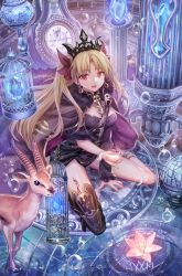 Rule 34 | 1girl, :d, blonde hair, bow, breasts, crying, earrings, ereshkigal (fate), fate (series), full body, hair bow, hair ornament, highres, hip focus, jewelry, long hair, looking at viewer, open mouth, red eyes, single thighhigh, sitting, smile, solo, thighhighs, tiara, tohsaka rin, torino aqua, underwater, wariza, water