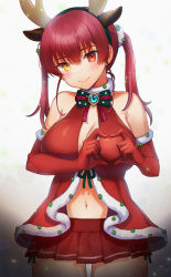 Rule 34 | 1girl, animal ears, antlers, bad id, bad pixiv id, bare shoulders, breasts, cleavage, closed mouth, elbow gloves, fake animal ears, gloves, heart, heart-shaped boob challenge, heart hands, heterochromia, highres, hololive, horns, houshou marine, large breasts, looking at viewer, medium hair, miniskirt, navel, noixen, pleated skirt, red eyes, red gloves, red hair, red skirt, skirt, smile, solo, twintails, virtual youtuber, yellow eyes