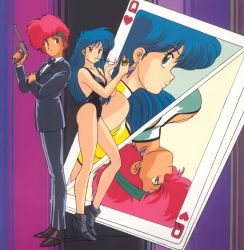 Rule 34 | 1980s (style), 2girls, ankle boots, arm grab, back-to-back, black leotard, blue eyes, blue hair, boots, bow, bowtie, breasts, card, cigarette, cigarette holder, cleavage, dirty pair, earrings, finger on trigger, fire, fire, gun, handgun, headband, heel up, high heels, jewelry, kei (dirty pair), leotard, lighter, long hair, long sleeves, multiple girls, official art, oldschool, pistol, playing card, profile, red eyes, red hair, retro artstyle, short hair, smile, smoking, standing, tuxedo, weapon, yuri (dirty pair)