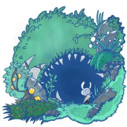 Rule 34 | 1other, bush, cave, facing away, from behind, full body, grass, green theme, hollow knight, in-universe location, knight (hollow knight), nail (hollow knight), other focus, plant, sakana 2-gou, spikes, standing, thorns, vines, weapon, weapon on back