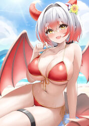 Rule 34 | 1girl, absurdres, beach, bikini, bikini pull, blush, breasts, character request, cleavage, clothes pull, collarbone, dragon girl, dragon horns, dragon tail, dragon wings, elegant (sumisumi4268), fang, flower, front-tie bikini top, front-tie top, glasses, gradient hair, grey hair, hair flower, hair intakes, hair ornament, hairband, highres, horns, large breasts, looking at viewer, multicolored hair, navel, open mouth, original, pince-nez, red bikini, red hair, short hair, side-tie bikini bottom, sitting, sky, solo, swimsuit, tail, thick eyebrows, thigh strap, virtual youtuber, wings, yellow eyes