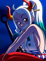 Rule 34 | 1girl, absurdres, armpits, bare shoulders, blue background, breasts, brown eyes, gamal d, gamalcasis, highres, horns, large breasts, long hair, multicolored hair, one piece, oni horns, sideboob, smile, very long hair, white hair, yamato (one piece)