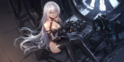 Rule 34 | 1girl, black gloves, black heart (neptunia), black thighhighs, blue eyes, breasts, bright pupils, cleavage, cleavage cutout, clothing cutout, elbow gloves, gloves, highres, indoors, large breasts, leotard, long hair, looking at viewer, machinery, neptune (series), noire (neptunia), outstretched hand, silver hair, sitting, sketch, solo, swd3e2, thighhighs, very long hair, white pupils