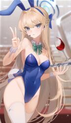 Rule 34 | 1girl, animal ears, armpits, bare arms, bare shoulders, blonde hair, blue archive, blue bow, blue eyes, blue hairband, blue leotard, blurry, bow, bowtie, braid, breasts, cleavage, covered navel, cowboy shot, cup, depth of field, detached collar, drinking glass, earpiece, fake animal ears, fake tail, groin, hair bow, hairband, halo, hand up, highleg, highleg leotard, highres, holding, leotard, long hair, looking at viewer, medium breasts, multicolored hair, official alternate costume, parted lips, playboy bunny, rabbit ears, rabbit tail, solo, standing, strapless, strapless leotard, streaked hair, tail, thighhighs, thighs, toki (blue archive), toki (bunny) (blue archive), tray, v, very long hair, white thighhighs, wine glass, wrist cuffs, zain (jiha3905)