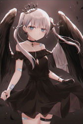 Rule 34 | 1girl, bandaid, bandaid on arm, bandaid on shoulder, bare shoulders, black dress, black feathers, black gloves, black wings, blue eyes, blush, commentary request, crown, dress, feathered wings, feathers, gloves, grey hair, halo, highres, kanju, long hair, looking at viewer, mini crown, off-shoulder dress, off shoulder, original, parted lips, pleated dress, safety pin, single glove, skirt hold, solo, standing, thigh strap, tiles, twintails, wings