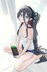 Rule 34 | 1girl, absurdly long hair, absurdres, alternate costume, aqua halo, aris (blue archive), bare arms, bare legs, bare shoulders, barefoot, black hair, blue archive, blue eyes, blue shorts, breasts, camisole, closed mouth, collarbone, green halo, halo, handheld game console, highres, holding, holding handheld game console, long hair, looking at viewer, nintendo switch, one side up, shortofsugar, shorts, small breasts, smile, soles, solo, thighs, toes, very long hair, white background, white camisole