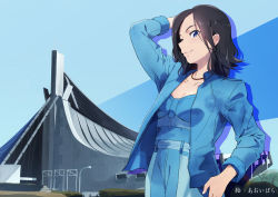 Rule 34 | 1girl, absurdres, aoi bara, arm up, black hair, blue eyes, blush, building, commentary request, highres, jacket, kotobuki minako, long sleeves, looking at another, outdoors, real life, smile, solo