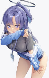 Rule 34 | 1girl, black shirt, blue archive, blue buruma, blue jacket, blush, breasts, buruma, commentary request, facial mark, grey background, halo, hand up, highres, jacket, kanzen bouon, leaning forward, long hair, long sleeves, medium breasts, off shoulder, open clothes, open jacket, open mouth, parted bangs, ponytail, puffy long sleeves, puffy sleeves, purple eyes, purple hair, shirt, simple background, sleeves past wrists, solo, star (symbol), sweat, very long hair, yuuka (blue archive), yuuka (track) (blue archive)